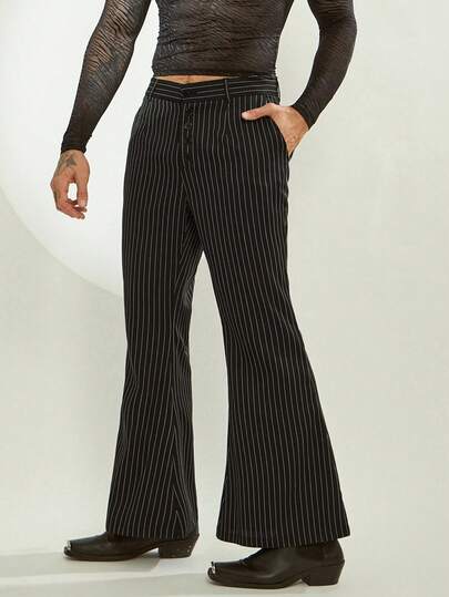 FeverCity Men Striped Flared Casual Pants With Pockets, Fall
