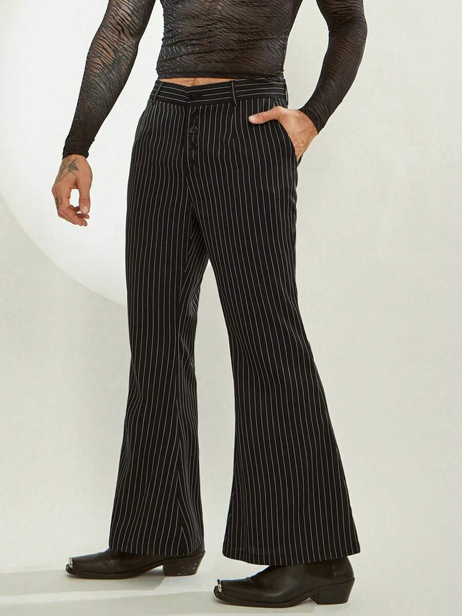 FeverCity Men Striped Flared Casual Pants With Pockets, Fall - Black - View 1