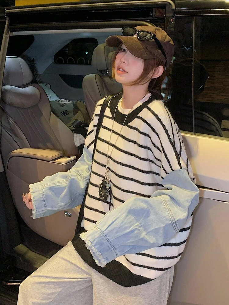 Women's Crew Neck Contrast Color Splice Fringe Cuff Striped Loose Pullover Casual Sweater