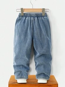 幼儿男童宽松胡萝卜牛仔裤，舒适松紧腰带，实用侧袋，独特缝线细节。百搭日式风格，全年必备 - 淺色水洗藍 - 查看 2