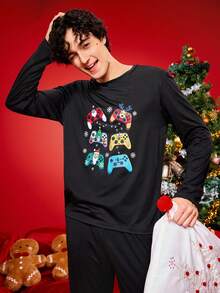 Christmas Funny Printed Family Matching Pajamas Set, Featuring Christmas Tree, Santa Claus, Snowflake, Bell, Reindeer, Game Console Top, Comfortable Homewear Long Sleeve Top, Winter - Black - View 5