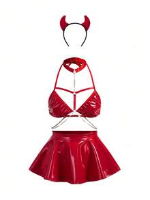 SHEIN 4pcs/Set Holiday Party Sexy Costume With Horns - Red - View 2