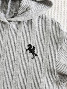 2 pezzi Set tuta da bambina con felpa con cappuccio termica a costine e pantaloni spessi e caldi, con ricamo di pony, adatto per l'inverno - Grigio - Visualizzare 4