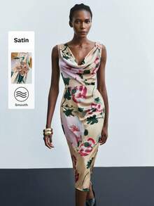 Maija Women's Asymmetric Shoulder Ruched Waist Midi Dress,Beige,Summer,Elegant,Wedding Guest,Textured Satin Fabric,Casual Chic Office Wear,Modern Vacation - Yellow - View 1