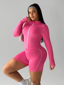 Rhythm Era Conjunto deportivo de talla grande para mujer, con chaqueta de manga larga y pantalones cortos, de color rosa con rayas, de ajuste ceñido y sin costuras - Rosa - Ver 6