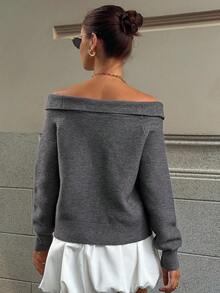 Livesso Women's Off Shoulder Loose Floral Sweater - Grey - View 3