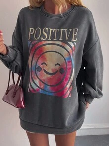 DAZY Women's Loose Casual Street Letter Print Fleece Sweatshirt, Autumn/Winter - Grey - View 4