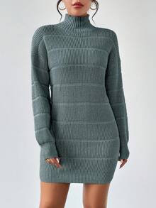 RosyDaze Váy len dệt kim họa tiết cổ cao tay dài trễ vai màu trơn dành cho nữ, mùa thu/đông - Xám - Xem 4