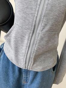 Teen Girl Casual Slim Fitted Knitted Zip Up Sweatshirt, Suitable For Back To School Season, Korean Style Fall Winter - Grey - View 5