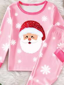 SHEIN 1 Set Young Girls Christmas Santa Claus Print Contrast Color Collar & Cuffs Design Pajamas, Snug Fit Comfortable Knit Long Sleeve Top And Pants, Sleepwear Loungewea R Snug Fit Christmas Pajamas Kids