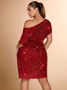 SHEIN BAE Plus Size Fall And Winter Elegant Party Sexy Woman Asymmetrical Off-Shoulder Black Glitter Sequin Waist Tie Bow Knee-Length Dress Suitable For Party Wear Fall Women Outfits Fall Clothes Holiday Dress Elegant Dress Thanksgiving Women Outfit Thanksgiving Outfit Christmas Party Dress Christmas Dress Thanksgiving Dress New Years Dress New Year Eve Dress,Birthday Dresses For Women Red Sequin Dress