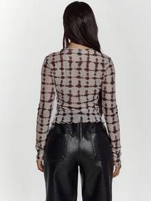 MUSERA Feraux 网眼格纹印花长袖荷叶边下摆上衣，性感外出夜游冬季可爱街头风。适合假日、派对、春夏穿着。 - 彩色 - 查看 2