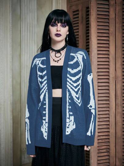 Fashionable Skull Pattern Drop Shoulder Cardigan, Autumn/Winter