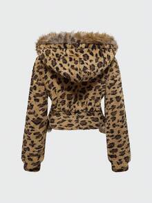 ROMWE Grunge Punk Y2K Subculture 复古修身豹纹连帽运动衫，搭配复古花卉印花和水钻装饰 - 彩色 - 查看 2