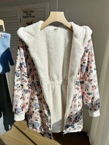 SHEIN 二合一女童花卉人造毛皮和黑色双面长袖风衣夹克，适合秋冬季，中长款外套，可搭配连衣裙、毛衣、高领衫、裤子、裙子 - 彩色 - 查看 4