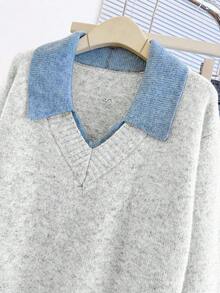 Franclia V领二合一长袖毛衣，秋冬 - 淺灰色 - 查看 5