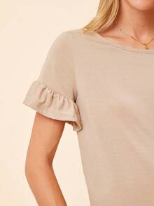Coeurva Ruffle Cuff Solid Tee Khaki Topbasic Topsbasic Tops For Women - Khaki - View 4