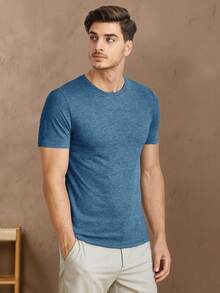 HIMLAND Men Summer Solid Color Round Neck Short Sleeve Casual T-Shirt - Blue - View 1