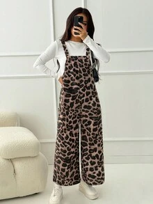 SHEIN PETITE Mono holgado con bolsillo y estampado de leopardo para mujer, otoño/invierno