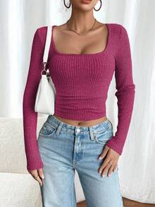 Chiquease Women's Sexy U-Neck Solid Color Ribbed Cropped Long Sleeve T-Shirt - Red Violet - View 4