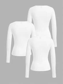 SHEIN EZwear 3件套女士深V领紧身休闲长袖T恤套装，白色，秋冬 - 白色 - 查看 2