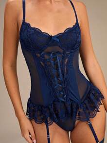 Enchnt 情人节性感蕾丝撞色网眼荷叶边吊带紧身胸衣和 4 件套网眼丝袜内衣外衣外出 - 藏蓝色 - 查看 2