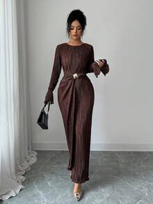 Elenzga Women's Elegant Round Neck Solid Color Waist Metal Buckle Decor Flare Sleeve Cinched Waist Midi Dress, Women's Autumn Dress - Coffee - View 5