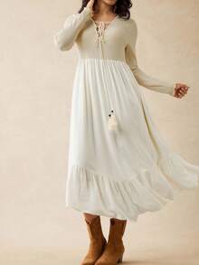 Boho Mama 孕妇休闲纯色不对称下摆连衣裙，秋季 - 杏色 - 查看 8