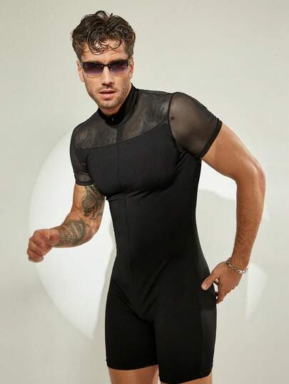 FeverCity 男士网眼拼接弹力圆领短袖性感修身连体裤