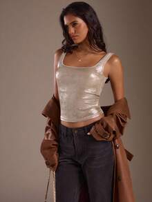 SHEIN Glamour Women's Shiny Fabric Streetwear Casual Sexy Fitted Camisole Tank Top, Suitable For Nightclub Party And Daily Wear Cowboy Rave Crop Top - Khaki - View 4