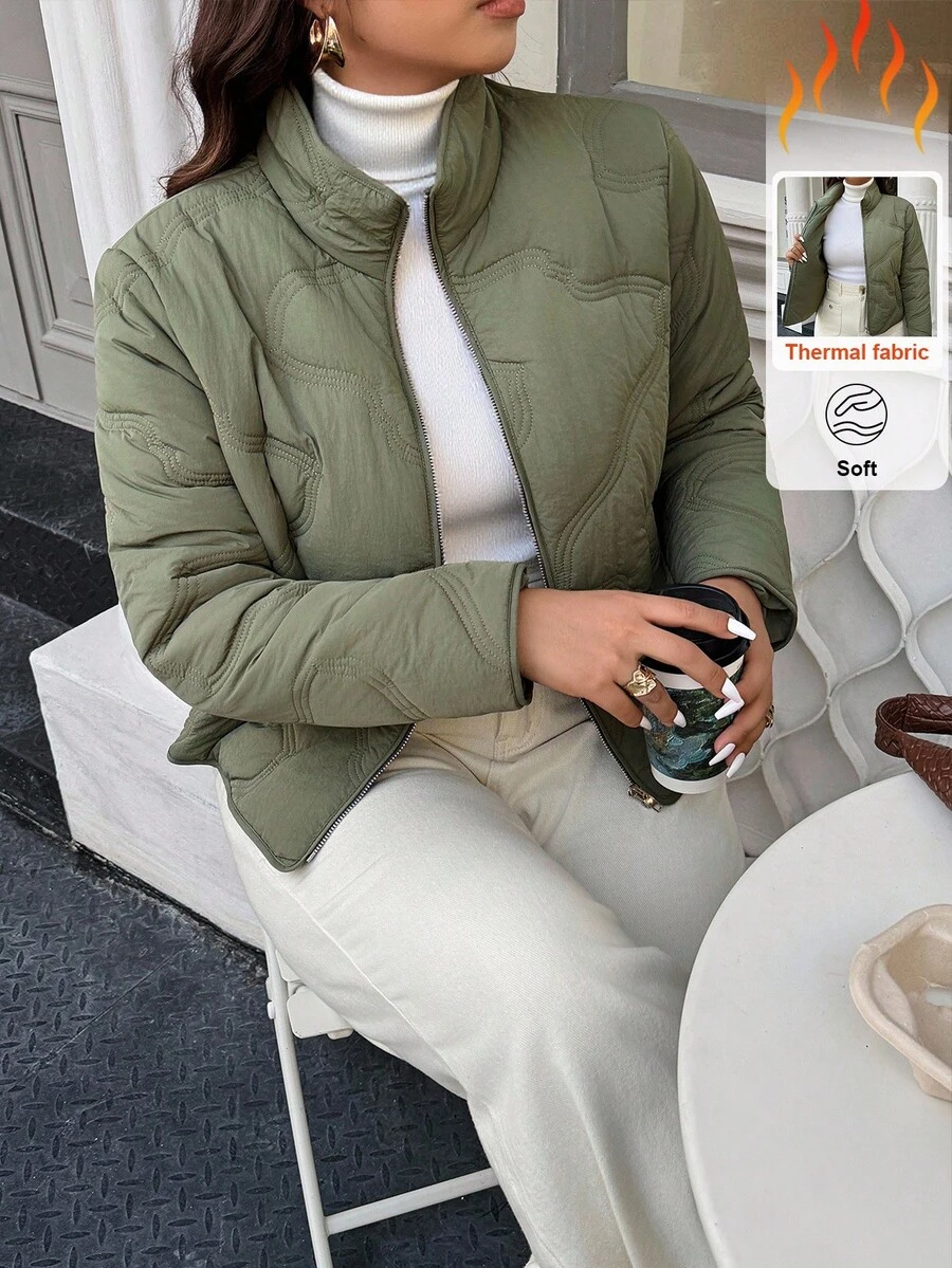 Easura Plus Size Women's Solid Color Long Sleeve Zipper Front Casual Winter Jacket Fall Autumn - Green - View 1