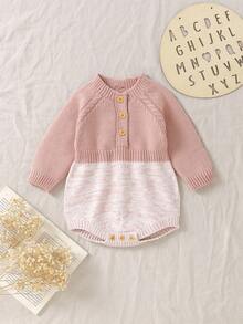1pc Pink Infant Knit Bodysuit, Casual Minimalist Baby Bodysuit, Fashion Round Neck Long Sleeve