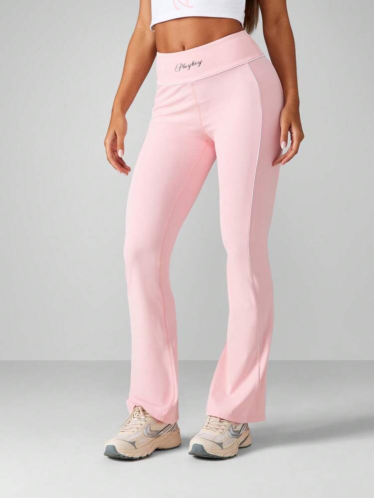 Missguided x Playboy Ribbed Waistband Flared Yoga Pants High Rise Performance Leggings Active Pilates Fitness Bottoms Fall Winter Workout Gear