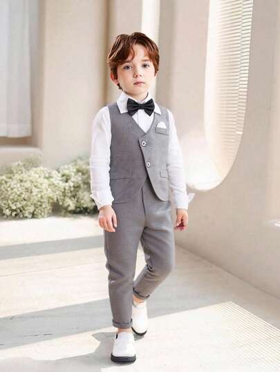 SHEIN 2 件儿童绅士套装，包括长袖背心夹克和及踝长裤，适合学校、生日派对、婚礼、洗礼的正式西装，优雅复古风格