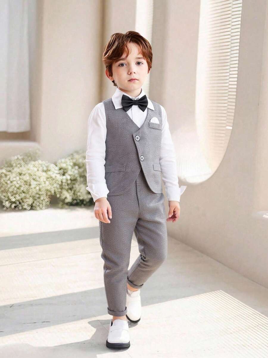 SHEIN 2 件儿童绅士套装，包括长袖背心夹克和及踝长裤，适合学校、生日派对、婚礼、洗礼的正式西装，优雅复古风格 - 灰色 - 查看 1