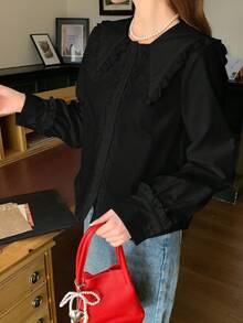 SHEIN 优雅蕾丝边领口长袖黑色衬衫，适合少女毕业季穿着 - 黑色 - 查看 2