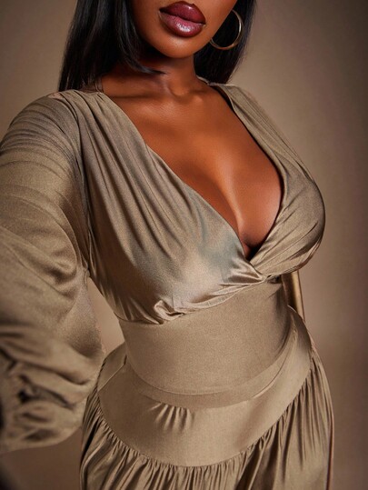 SHEIN SXY Plus Size Women's New Autumn/Winter 2 Pieces Set: Brown Ruched Shoulder Cropped Top And Wide Waist Loose Maxi Pants