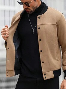 Manfinity CasualCool 男士休闲时尚街头拉链袖袋单排扣棒球夹克，秋季 - 卡其色 - 查看 7