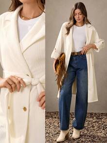 Wildy 秋季乡村时尚女式冬季外套 女士纯色腰带系带优雅长袖风衣 商务休闲女士白色西装 米色女士商务休闲西部风 女士西部米色长款风衣 女士时尚秋季 - 米色 - 查看 1