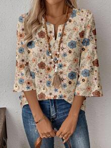 EMERY ROSE Blusa de trabajo con cuello en V y mangas 3/4 para mujer, adecuada para otoño/invierno, con estampado floral diminuto y vintage