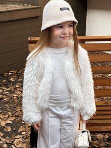 Young Girl Elegant 3D Fluffy Short Cardigan Coat - White - View 3