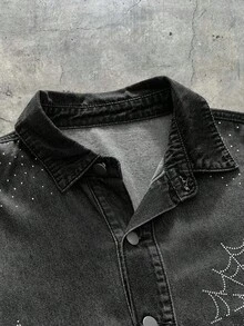 AXEPEAK Chaqueta vaquera de hombre con adornos de strass lavados, prenda exterior corta y con estilo, para otoño - Negro - Ver 4