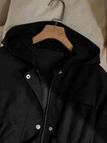青少年女孩休闲时尚简约连帽长款抽绳腰部百搭夹克，适合春秋季日常穿着和外出 - 黑色 - 查看 5