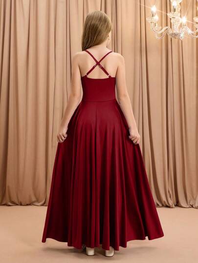 Girls' Elegant Fashion Luxurious Spaghetti Strap Criss-Cross Shoulder Sleeveless High Waist Cinched Waist Flared Hem Long Asymmetrical Hem Design Solid Satin Shiny Fabric High-End Christmas, Graduation, Party, Dress Fall Winter