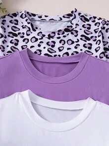 Sparklyn 3pcs Tween Girls Casual Versatile Cat & Leopard Print Pattern Round Neck Long Sleeve T-Shirts - Multicolor - View 4
