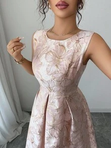SHEIN PETITE Váy Jacquard không tay, định hình vòng eo, thanh lịch, thường ngày dành cho nữ, thích hợp cho các bữa tiệc và buổi tụ họp - Hồng - Xem 3