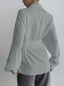 DAZY 女式半开襟侧系带套头衫休闲优雅衬衫长袖上衣 - 藍色 - 查看 3
