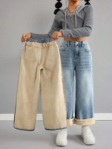 SHEIN 少女基础款浅色水洗牛仔保暖宽松裤，秋冬保暖穿搭，休闲高腰牛仔裤，百搭阔腿牛仔裤，Y2K风格，女教师装，返校装，教堂礼服，商务休闲装，工装牛仔裤连衣裙，女童秋冬宽松裤，青少年高腰长款阔腿牛仔裤，街头风，冬季牛仔裤