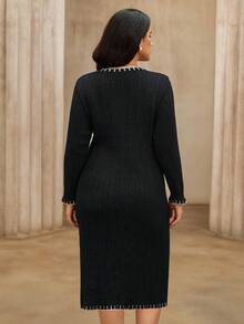 Flirla Plus Size Women's Fashionable Black Knitted Dress, Vintage High-End Elegant Fitted Sweater Dress, Casual & Versatile, Autumn/Winter