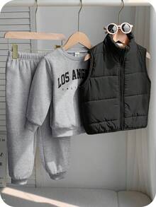 SHEIN 3 件套年轻男童休闲舒适百搭厚夹克外套、连帽衫和长裤运动服套装，返校 - 黑色 - 查看 7